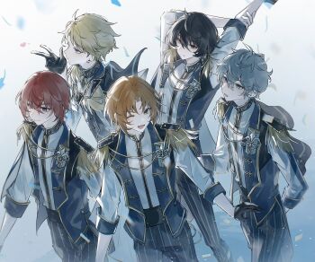 5boys aiguillette arms_behind_back black_gloves black_hair blonde_hair blue_cape blue_eyes blue_jacket cape commentary curtained_hair earrings ensemble_stars! epaulettes fang fleur-de-lis gloves green_eyes grey_hair hair_between_eyes hand_up highres jacket jewelry knights_(ensemble_stars!) lapels long_sleeves looking_ahead looking_at_viewer male_focus medium_hair multiple_boys narukami_arashi one_eye_closed open_mouth orange_hair pants purple_eyes red_eyes red_hair sakuma_ritsu sena_izumi_(ensemble_stars!) shirt short_hair sidelocks smile stretching striped_clothes striped_pants suou_tsukasa symbol-only_commentary thorn72132528 three-quarter_sleeves tsukinaga_leo v vertical-striped_clothes vertical-striped_pants white_shirt white_sleeves