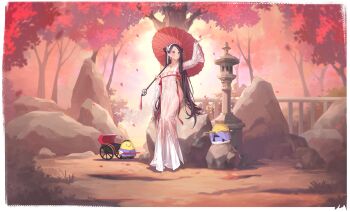 1girl absurdly_long_hair absurdres arm_up autumn autumn_leaves azur_lane baby_animal barefoot bikini bikini_bottom_only bird black_hair blonde_hair blue_eyes blush border breasts bush chick chinese_clothes cleavage closed_mouth collarbone colored_inner_hair cone_hair_bun covered_navel day detached_sleeves double_bun dress earrings falling_leaves falling_petals flower forest full_body grass hai_yung_(azur_lane) hai_yung_(maple_impressions)_(azur_lane) hair_bun hair_flower hair_ornament hairband hanfu highres holding holding_umbrella jewelry large_breasts leaf long_dress long_hair long_sleeves looking_at_viewer manjuu_(azur_lane) multicolored_hair nature navel no_bra non-web_source official_alternate_costume official_art oil-paper_umbrella open_mouth outdoors parted_bangs parted_lips petals popqn purple_eyes qixiong_ruqun railing red_ribbon red_umbrella ribbon rock see-through_clothes see-through_dress see-through_sleeves solo standing stone_lantern sunset swimsuit tassel tree umbrella umbrella_over_shoulder very_long_hair white_dress white_sleeves wide_shot wide_sleeves