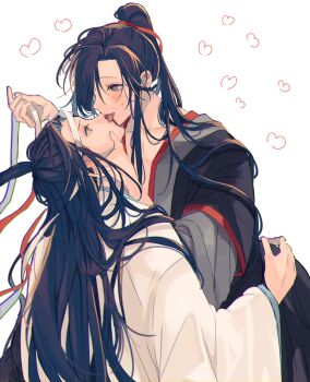 Rule 34 | 2boys, amana raika, bishounen, black hair, black hanfu, blush, chinese clothes, collarbone, commentary request, couple, eye contact, french kiss, grey eyes, hair ribbon, hand on another's face, hand on another's hip, hand on another's neck, hanfu, headband, heart, high ponytail, highres, holding, holding ribbon, hug, kiss, lan wangji, long hair, long sleeves, looking at another, male focus, modao zushi, multiple boys, open mouth, pectoral cleavage, pectorals, ponytail, red ribbon, ribbon, robe, sidelocks, simple background, sitting, smile, sweatdrop, tongue, tongue out, upper body, wei wuxian, white background, white hanfu, white headband, white ribbon, wide sleeves, yaoi, yellow eyes
