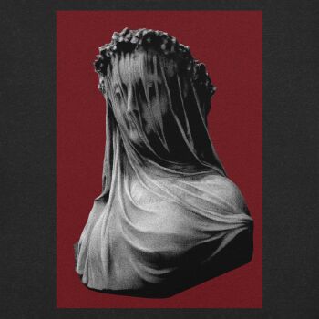 goth_fashion highres red_background red_theme silk solo statue veil_over_eyes