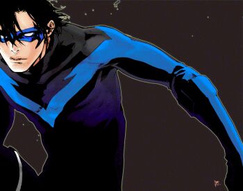 1boy 89g batman_(series) black_gloves black_hair bodysuit dc_comics dick_grayson domino_mask eye_mask gloves male_focus mask nightwing simple_background solo thigh_strap