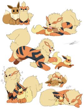 Rule 34 | animal focus, arcanine, black eyes, bright pupils, claws, eevee, evolutionary line, flareon, gen 1 pokemon, growlithe, heart, highres, licking, looking at viewer, nintendo, no humans, open mouth, pokemon, pokemon (creature), running, sitting, smile, tiger subaru, tongue, tongue out, white pupils