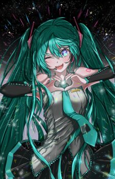 Rule 34 | 1girl, ;d, absurdres, aqua eyes, aqua hair, aqua nails, aqua necktie, black skirt, black sleeves, blue eyes, collared shirt, detached sleeves, fingernails, gradient eyes, grey shirt, hair between eyes, hatsune miku, headset, heart, heart hands, highres, long hair, looking at viewer, multicolored eyes, nail polish, necktie, one eye closed, open mouth, oshi no ko, pleated skirt, purple eyes, shirt, sirocco (constantiusshen), skirt, sleeveless, sleeveless shirt, smile, solo, sparkle, star-shaped pupils, star (sky), star (symbol), starry background, symbol-shaped pupils, twintails, upper body, very long hair, vocaloid