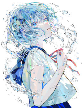 Rule 34 | 1girl, absurdres, aqua hair, blue eyes, blue sailor collar, blue skirt, commentary request, hagimorijia, hair between eyes, hand up, highres, looking at viewer, neck ribbon, original, parted lips, red ribbon, ribbon, sailor collar, school uniform, serafuku, simple background, skirt, solo, teeth, water, white background, white serafuku