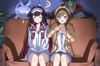 2girls alternate_costume alternate_hairstyle black_hair blue_eyes brown_hair closed_eyes closed_mouth columbina_(genshin_impact) commentary_request couch facing_viewer genshin_impact indoors kuuhenki_(genshin_impact) long_hair long_sleeves looking_at_viewer multiple_girls nao_(naoooo_a) on_couch open_mouth pulonia_(genshin_impact) purple_hair sandrone_(genshin_impact) sitting smile