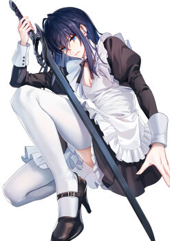 1boy absurdres alternate_costume androgynous apron black_hair blue_hair chinese_commentary closed_mouth commentary_request crossdressing crossdressing_(mtf) cyacyacyacyaki enmaided hair_between_eyes high_heels highres holding holding_sword holding_weapon looking_at_viewer maid maid_apron male_focus n_(xenoblade) pectoral_cleavage pectorals simple_background sitting solo sword tactical_maid thighhighs unconventional_maid weapon white_background white_thighhighs xenoblade_chronicles_(series) xenoblade_chronicles_3