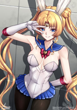 1girl adsouto animal_ear_hairband animal_ears arm_behind_back bishoujo_senshi_sailor_moon blonde_hair blue_eyes blue_sailor_collar breasts circlet covered_navel fake_animal_ears gloves grin hairband highres leotard long_hair looking_at_viewer medium_breasts miniskirt nontraditional_playboy_bunny pantyhose rabbit_ears sailor_collar sailor_moon signature skirt smile solo strapless strapless_leotard tsukino_usagi twintails v v_over_eye variant_set very_long_hair white_gloves