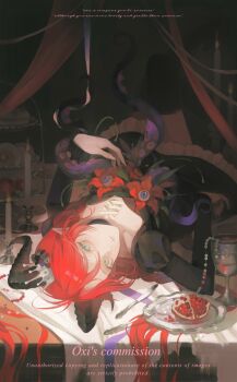 Rule 34 | 1other, alcohol, black dress, blue eyes, crown, cup, dress, flower, food, fruit, gender request, highres, horns, long hair, looking at viewer, original, oxi206, pomegranate, pomegranate flower, red hair, tentacles, thighhighs, tray, very long hair, wine