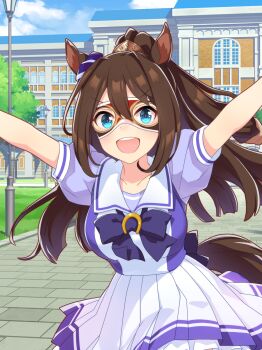 1girl absurdres animal_ears artist_request back_bow black_bow black_mask blue_bow blue_bowtie blue_eyes blue_shirt blue_sky blunt_ends bow bowtie breasts brown_hair circle_skirt cloud collarbone cowboy_shot day dot_nose ear_ornament el_condor_pasa_(umamusume) eyelashes floating_clothes frilled_skirt frills game_cg hair_between_eyes hair_intakes hair_ornament happy high_ponytail highres horse_ears horse_girl horse_tail horseshoe lamppost large_breasts light_blush long_hair looking_at_viewer miniskirt official_art open_mouth outdoors outstretched_arms path pleated_skirt ponytail puffy_short_sleeves puffy_sleeves red_mask road sailor_collar school school_uniform shirt short_sleeves sidelocks skirt sky smile solo tail teeth tracen_academy tracen_school_uniform tree two-tone_mask two-tone_shirt umamusume upper_teeth_only v-shaped_eyebrows very_long_hair white_sailor_collar white_shirt white_skirt window wrestling_mask