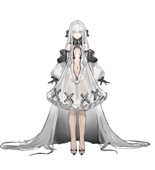 1girl absurdres bare_shoulders black_gloves breasts closed_mouth detached_sleeves dress gloves grey_eyes hair_between_eyes highres legs long_hair looking_at_viewer lump_saury navel original puffy_sleeves see-through_clothes see-through_dress shoes simple_background small_breasts solo standing tachi-e very_long_hair white_background white_dress white_shoes white_sleeves