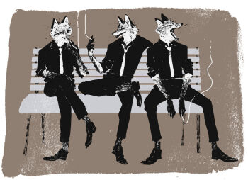 3boys bench body_fur brown_background cigarette crossed_legs figure_four_sitting fox_boy full_body furry furry_male greyscale_with_colored_background holding holding_cigarette male_focus multiple_boys nagabe necktie original shirt simple_background sitting smoke smoke_trail smoking tail yawning