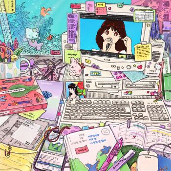 absurdly_detailed_composition apple_inc. cellphone commentary_request computer computer_keyboard computer_mouse computer_tower copyright_request desk fish fish_tank hello_kitty hello_kitty_(character) highres indoors iphone loaded_interior matsuda_seiko mermaid monitor monster_girl no_humans original otaku_room phone procreate_(medium) real_life ring_411 sanrio scenery smartphone sticker sticky_note youtube