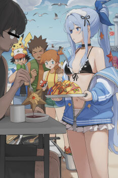 3girls 4boys absurdres ahoge anchor_(innocent_maid)_(nikke) anchor_(nikke) ash_ketchum bar_censor baseball_cap beach bikini bikini_skirt bird black_bikini black_choker black_hair blue_eyes blue_hair blue_jacket blue_sky boat brock_(pokemon) brown_hair bucket censored censored_identity chocolate choker cloud cup day denim denim_shorts dolri eating facial_hair fisher_(pokemon) food fork gary_(spongebob) gen_1_pokemon glasses goddess_of_victory:_nikke hair_ornament hat high_ponytail highres holding holding_fork jacket jessie_(pokemon) ketchup lighthouse maid maid_bikini maid_headdress meowth miniskirt misty_(pokemon) multiple_boys multiple_girls nintendo omelet omurice on_head orange_hair outdoors parted_lips patrick_star pikachu poke_ball poke_ball_(basic) pokemon pokemon_(anime) pokemon_(classic_anime) pokemon_(creature) pokemon_on_head ponytail seagull shorts skirt sky spongebob_squarepants spongebob_squarepants_(series) star_(symbol) starfish_hair_ornament starmie suspender_shorts suspenders swimsuit tank_top unconventional_maid watercraft yellow_tank_top