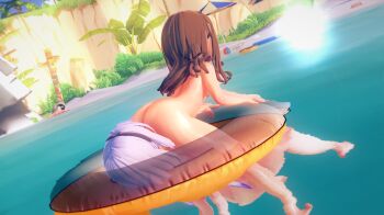 2girls 3d ass brown_hair cliff dutch_angle from_behind hairband highres implied_cunnilingus innertube kanna_kamui kobayashi-san_chi_no_maidragon leaning_forward loli long_hair multiple_girls nude palm_tree saikawa_riko sofo swim_ring tree umbrella water yuri
