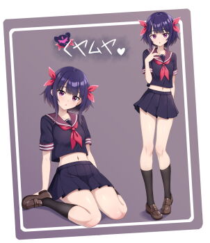 1girl alcmls1230 black_socks blush breasts brown_shoes character_request commentary_request eyebrows_hidden_by_hair full_body hair_ribbon highres loafers looking_at_viewer medium_breasts midriff miniskirt multiple_views navel open_mouth pointing pointing_up purple_eyes purple_hair purple_serafuku purple_skirt red_ribbon ribbon school_uniform serafuku shoes short_hair sitting skirt socks wariza yu-gi-oh! yu-gi-oh!_go_rush!!