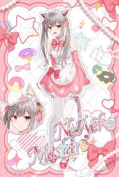 Rule 34 | 1girl, animal ears, apron, bell, bow, bowtie, breasts, cat ears, cat girl, cat ornament, cat tail, center frills, character name, choker, cleavage, closed mouth, detached sleeves, donut, extra ears, food, food print, footwear bow, frilled apron, frilled skirt, frilled sleeves, frilled thighhighs, frills, fruit print, gem, grey hair, grid background, hair bell, hair ornament, hair ribbon, hashtag-only commentary, heart, highres, jingle bell, large breasts, maid apron, maid headdress, multicolored hair, name tag, neck ribbon, neneko mashiro, open mouth, pearl (gemstone), pink bow, pink bowtie, pink choker, pink ribbon, pink shoes, pink skirt, pink sleeves, print skirt, red bow, red bowtie, red eyes, red hair, red ribbon, ribbon, rieatco, shoes, skirt, solo, star (symbol), stellive, strawberry print, streaked hair, tail, thighhighs, virtual youtuber, white thighhighs, x hair ornament