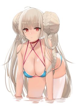 1girl ahoge azur_lane bare_shoulders bent_over bikini blue_bikini blush braid breasts brown_hair cleavage closed_mouth collarbone commentary_request criss-cross_halter double_bun formidable_(azur_lane) formidable_(the_lady_of_the_beach)_(azur_lane) hair_bun hair_rings halterneck hanging_breasts highres j@ck large_breasts long_hair looking_at_viewer red_eyes simple_background single_thighhigh swimsuit thighhighs very_long_hair water white_background white_thighhighs
