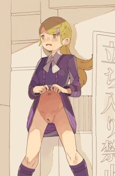 1girl ace_trainer_(female)_(pokemon_xy) ace_trainer_(pokemon) bar_censor blonde_hair blush bow bowtie breasts censored clothes_lift commentary_request dress dress_lift grey_eyes hair_ornament hairclip highres indoors kemomimi_eki lifting_own_clothes long_hair long_sleeves looking_afar navel nintendo no_panties open_mouth pointless_censoring pokemon pokemon_xy purple_dress purple_socks pussy small_breasts socks solo swept_bangs white_bow white_bowtie