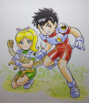 1boy 1girl animal armor black_hair blonde_hair brown_eyes comic_bombom commentary compsognathus dinosaur dress gloves grass green_dress green_eyes hand_up highres holding holding_animal kyouko_(comic_bombom) long_hair mizutani_kenta open_mouth ponytail ryuu_(comic_bombom) shirt short_hair smile squatting standing teeth traditional_media unitard upper_teeth_only white_gloves white_shirt