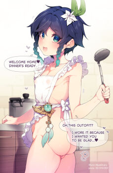 1boy alternate_language apron artist_name ass black_hair blue_eyes blush braid commentary_request cooking_pot covered_erect_nipples cowboy_shot english_text flower genshin_impact gradient_hair hair_flower hair_ornament heart highres holding holding_ladle kitchen ladle looking_at_viewer male_focus multicolored_hair naked_apron notice_lines nyakkuru open_mouth paid_reward_available pixiv_id short_hair side_braids smile solo speech_bubble spoken_heart trap twin_braids two-tone_hair typo variant_set venti_(genshin_impact) white_apron
