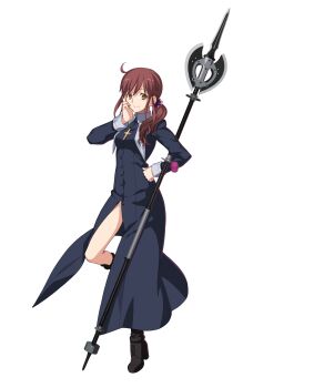 1girl 3d anime_coloring black_boots black_dress black_sleeves boots brown_eyes brown_hair buttons closed_mouth collar cross cross_necklace dress full_body game_cg habit hair_between_eyes hair_ornament hair_scrunchie hand_on_own_face highres jewelry knee_boots lace-up_boots legs_apart long_hair long_sleeves looking_at_viewer melty_blood melty_blood:_type_lumina mole mole_under_mouth necklace no_socks noel_(tsukihime) non-web_source official_art parted_lips polearm pommel_tassel ponytail scrunchie side_ponytail sleeve_cuffs smile solo tachi-e takeuchi_takashi transparent_background tsukihime tsukihime_(remake) type-moon weapon white_collar wing_collar