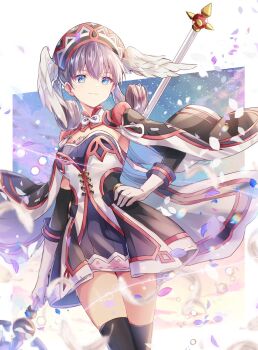 1girl blue_eyes braid breasts cape curly_hair dress grey_hair hat head_wings holding melia_antiqua official_alternate_costume smile solo staff thighhighs ui_frara wings xenoblade_chronicles_(series) xenoblade_chronicles_1