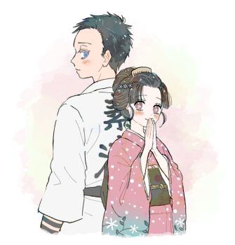 1boy 1girl back-to-back black_hair blue_eyes blush brown_eyes comb flower-shaped_pupils hair_bun hakuji_(kimetsu_no_yaiba) hetero highres japanese_clothes kimetsu_no_yaiba kimono komekami04 koyuki_(kimetsu_no_yaiba) own_hands_together parted_bangs pink_kimono polka_dot polka_dot_kimono robe short_hair sidelocks smile symbol-shaped_pupils updo upper_body white_robe