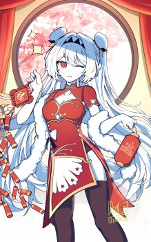 Rule 34 | 1girl, absurdres, artist name, black thighhighs, breasts, china dress, chinese clothes, cleavage, dao fu, dated, double bun, dress, firecrackers, good fortune symbol, hair bun, hairband, highres, holding, holding lantern, kiritapon (ihoke ), lantern, lilith (the noexistencen of you and me), long hair, medium breasts, one eye closed, red dress, red eyes, solo, the noexistencen of you and me, thighhighs, white hair