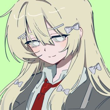 1girl absurdres arraf blonde_hair blue_bow bow coat collared_shirt commentary english_commentary green_background grey_coat hair_bow highres lapels lcb_uniform_(project_moon) limbus_company long_hair looking_at_viewer necktie notched_lapels original project_moon red_necktie shirt sidelocks simple_background solo vellmori_(style) white_eyes white_shirt