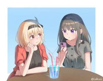 2girls :o absurdres black_hair black_headband black_shirt blonde_hair blue_background cellphone cup dating dress drinking_straw grey_dress headband highres holding holding_phone inoue_takina jacket linhcoris long_hair lycoris_recoil medium_hair multiple_girls nishikigi_chisato phone purple_eyes red_eyes red_jacket shared_drink shirt short_sleeves sidelocks smartphone square_background table yuri