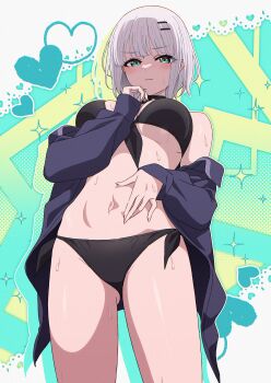 Rule 34 | 1girl, absurdres, ai (togisy), aoi suzu, bikini, black bikini, black choker, black jacket, blush, breasts, choker, closed mouth, collarbone, commission, front-tie bikini top, front-tie top, green eyes, grey hair, hand on own stomach, heart, highres, jacket, large breasts, long sleeves, navel, open clothes, open jacket, original, second-party source, short hair, side-tie bikini bottom, skeb commission, solo, sparkle, standing, stomach, sweat, swimsuit, thighs