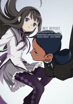 2girls adversarial_noise akemi_homura akemi_homura_(magical_girl) artist_name bindi black_hair commentary_request crossover dark-skinned_female dark_skin double_bun facial_mark forehead_mark green_eyes grey_skirt gundam gundam_gquuuuuux hair_bun lalah_sune long_hair mahou_shoujo_madoka_magica multiple_girls pantyhose pixiv_id purple_eyes purple_pantyhose skirt twitter_username watermark yuki_(yuki3243)