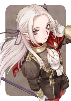 1girl absurdres bags_under_eyes black_shorts cape cleavage_cutout closed_mouth clothing_cutout edelgard_von_hresvelg fire_emblem fire_emblem:_three_houses from_above garreg_mach_monastery_uniform gloves hair_ribbon half_updo highres holding holding_weapon hotateyuki juliet_sleeves long_hair long_sleeves looking_at_viewer nintendo pantyhose puffy_sleeves purple_eyes purple_ribbon red_cape red_pantyhose ribbon shorts simple_background solo tucking_hair weapon white_gloves white_hair wrist_cuffs yellow_wrist_cuffs
