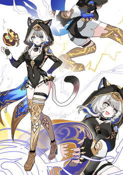 +_+ 1girl absurdres animal_ears animal_hood armored_boots bag belt black_leotard blue_eyes boots breasts cat_ears cat_girl cat_hood cat_tail cipher_(honkai:_star_rail) cleavage commentary_request gold_boots grey_hair high_heel_boots high_heels highres holding holding_bag honkai:_star_rail honkai_(series) hood kkkula_(kula) leotard magnet medium_breasts multiple_views open_mouth oversized_object short_hair_with_long_locks shorts simple_background tail thigh_belt thigh_strap thighs white_background white_shorts