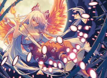 1girl bamboo bow fire fujiwara_no_mokou glowing glowing_eyes highres large_bow long_hair minuo moon night pants red_eyes red_pants shirt touhou white_hair white_shirt
