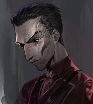 Rule 34 | 1boy, aegyo sal, arcane: league of legends, bansheeiso, black hair, black sclera, cheekbones, collared shirt, colored sclera, commentary, english commentary, hair slicked back, league of legends, looking at viewer, male focus, multiple scars, red shirt, scar, scar on face, shirt, sideburns, silco (arcane), smile, smirk, solo, upper body, vest, yellow eyes