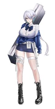 1girl absurdres belt belt_pouch black_boots blue_bow blue_bowtie blue_cardigan blue_eyes boots bow bowtie bra_visible_through_clothes breasts brid_(nikke) button_gap cardigan collared_shirt commentary cosplay earclip full_body goddess_of_victory:_nikke grey_hair hair_between_eyes hair_ornament hair_over_one_eye hairclip highres knee_boots lace-up_boots large_breasts long_hair long_sleeves looking_at_viewer miniskirt off_shoulder parted_lips partially_unbuttoned plaid_clothes plaid_skirt pouch shirt sidelocks simple_background skindentation skirt solo standing tachi-e thigh_strap tia_(nikke) tia_(nikke)_(cosplay) tool_slime weapon_case white_background white_belt white_shirt