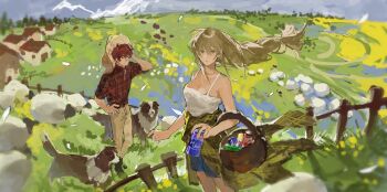 1boy 1girl alex_(degrees_of_lewdity) alex_(male)_(degrees_of_lewdity) bare_arms basket belt black_belt blonde_hair blue_shorts breasts brown_pants camisole can chinese_commentary cleavage clothes_around_waist cloud cloudy_sky collared_shirt commentary_request dandelion day degrees_of_lewdity dog double-parted_hair drink drink_can expressionless farm fence field floating_hair flower grass green_eyes green_jacket grin hair_between_eyes hand_on_own_head hand_on_own_hip hat hat_on_back hice_hideice highres holding holding_basket holding_drink jacket jacket_around_waist large_breasts long_hair looking_at_viewer mountainous_horizon outdoors pants parted_lips petals plaid_clothes plaid_jacket plaid_shirt player_character_(degrees_of_lewdity) player_character_(female)_(degrees_of_lewdity) red_hair red_shirt sheep sheepdog shirt short_hair short_shorts short_sleeves shorts sky smile spaghetti_strap standing straw_hat unfinished white_camisole white_petals wing_collar wooden_fence yellow_eyes yellow_flower