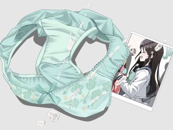 absurdres airi_(blue_archive) aqua_panties blue_archive bow bow_panties clothes_focus cum cum_on_clothes grey_background highres kotani_(dainanumi) no_humans panties photo_(object) simple_background underwear unworn_panties