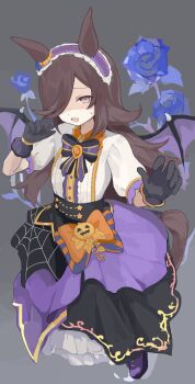 1girl animal_ears black_gloves blue_flower blue_rose brown_hair commentary_request fang flower gloves grey_background hair_over_one_eye highres horse_ears horse_girl horse_tail jack-o&#039;-lantern_ornament looking_at_viewer official_alternate_costume onigiri_noe open_mouth purple_eyes rice_shower_(umamusume) rice_shower_(vampire_makeover!)_(umamusume) rose shirt short_sleeves simple_background solo sweatdrop tail umamusume white_shirt