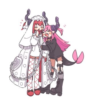 2girls adoptive_parent_and_adoptive_child anko_omotimoti arm_at_side arm_hug black_arm_warmers black_boots black_collar black_horns black_shirt black_socks black_tail blush_stickers boots chain closed_eyes collar colored_fingertips commentary cuffs curled_horns dragon_girl dragon_horns dragon_tail dress earrings elizabeth_bathory_(fate) elizabeth_bathory_(perfect)_(fate) elizabeth_bathory_(perfect)_(first_ascension)_(fate) elizabeth_of_the_end_(fate) fang fate/grand_order fate_(series) fishnet_pantyhose fishnets full_body hand_up heart_pendant horn_piercing horns iron_maiden jewelry kneehighs lace-up_boots laughing legwear_garter long_hair mother_and_daughter multiple_girls no_pants open_mouth pantyhose parted_lips pink_hair pointy_ears purple_horns red_hair red_shoes shackles shirt shoes short_sleeves side-by-side simple_background single_legwear_garter skin_fang smile socks standing t-shirt tail thighhighs thighhighs_under_pantyhose two_side_up veil white_background white_dress white_headdress white_thighhighs white_veil