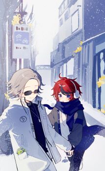 2boys ^_^ absurdres ahoge aotsuki_eito black_gloves black_hair black_pants black_sweater blue_eyes blue_jacket blue_scarf building chinese_commentary closed_eyes closed_mouth commentary_request drawstring forehead gloves grey_hair grey_jacket gryzo highres holding_hands jacket jacket_over_hoodie jewelry long_sleeves male_focus multicolored_hair multicolored_jacket multiple_boys necklace open_clothes open_jacket open_mouth outdoors pants pocket red_hair scarf shoes short_hair sign smile snow snowing streaked_hair sumino_takumi sunglasses sweat sweater the_hundred_line_-last_defense_academy- thigh_strap turtleneck turtleneck_sweater two-tone_hair two-tone_jacket walking white_jacket white_pants white_shoes winter winter_clothes