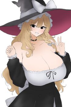 1girl absurdres alternate_costume bare_shoulders black_choker black_dress black_eyes blonde_hair braid breasts choker cleavage collarbone commentary_request dress frills grey_background grin hands_up hat highres kirisame_marisa large_breasts long_hair long_sleeves looking_at_viewer moriforest1040 off-shoulder_dress off_shoulder shirt smile solo touhou unfinished w white_shirt witch_hat