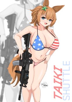 Rule 34 | 1girl, absurdres, american flag, american flag bikini, american flag print, assault rifle, bikini, breasts, brown hair, character name, cleavage, commentary request, eotech, feet out of frame, flag print, flag print bikini, foregrip, gun, hair between eyes, hair ornament, hand on own hip, highres, horse girl, large breasts, laser sight, m4 carbine, medium hair, mikoonnn, navel, open mouth, ponytail, print bikini, rifle, simple background, smile, solo, star (symbol), star hair ornament, swimsuit, taiki shuttle (umamusume), trigger discipline, umamusume, watermark, weapon, white background, zoom layer