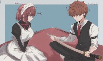 1boy 1girl apron black_pants blue_eyes breasts dress emiya_shirou english_text fate/grand_order fate_(series) formal_clothes highres hisui_(tsukihime) holding holding_sword holding_weapon katana long_sleeves maid maid_apron maid_headdress medium_breasts necktie orange_hair pants puffy_sleeves red_hair red_necktie senji_muramasa_(fate) shirt shokobr short_hair speech_bubble suit sword talking tsukihime type-moon weapon white_apron white_shirt yellow_eyes