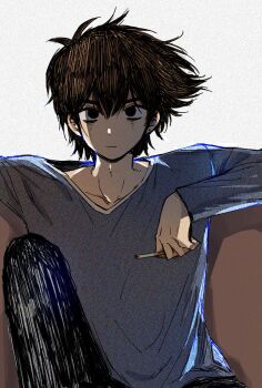 1boy antenna_hair backlighting bags_under_eyes black_eyes black_pants blue_shirt brown_hair bu3hgg chromatic_aberration cigarette closed_mouth collarbone couch double-parted_bangs earrings elbow_rest empty_eyes feet_out_of_frame film_grain grey_background hair_behind_ear hair_between_eyes hatching_(texture) hero_(faraway)_(omori) hero_(omori) highres holding holding_cigarette jewelry knee_up long_sleeves looking_at_viewer male_focus no_pupils omori on_couch pants shadow shirt short_hair simple_background single_earring sitting stud_earrings v-shaped_eyebrows