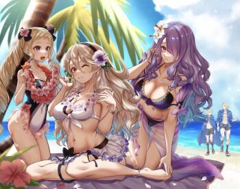 2boys 3girls beach bikini blonde_hair bow breasts brother_and_sister brothers camilla_(fire_emblem) camilla_(tropical_beauty)_(fire_emblem) cleavage elise_(fire_emblem) elise_(tropical_flower)_(fire_emblem) female_corrin_(fire_emblem) female_corrin_(novice_vacationer)_(fire_emblem) fire_emblem fire_emblem_fates fire_emblem_heroes flower flower_collar flower_on_head hair_bow hair_ornament hair_over_one_eye highres karashino kneeling large_breasts leo_(fire_emblem_fates) leo_(seashore&#039;s_prince)_(fire_emblem_fates) long_hair medium_breasts multiple_boys multiple_girls nintendo official_alternate_costume on_ground one-piece_swimsuit one_eye_closed one_eye_covered palm_tree purple_bikini purple_eyes purple_hair red_eyes siblings silver_hair sisters sitting skirt swimsuit tree twintails white_bikini xander_(fire_emblem) xander_(student_swimmer)_(fire_emblem)