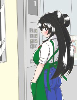 Rule 34 | 1girl, apron, ass, black eyes, black hair, blue pants, breasts, commentary request, denim, elevator, green apron, hair rings, hand in pocket, harashima rojami, highres, huge breasts, jeans, kazkitashima, low twintails, ministry of land infrastructure and transportation, original, pants, poster (object), sleeves rolled up, solo, twintails