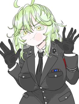 1girl against_fourth_wall against_glass armband black_cat03 black_coat black_gloves black_necktie boku_no_hero_academia breast_press breasts breasts_on_glass cheek_on_glass cheek_press closed_mouth coat collared_shirt gloves green_eyes green_hair hagakure_toru hand_on_glass highres huge_breasts military_dress_uniform military_uniform nazi necktie red_armband shirt simple_background solo ss_insignia thick_eyelashes waffen-ss white_background white_shirt