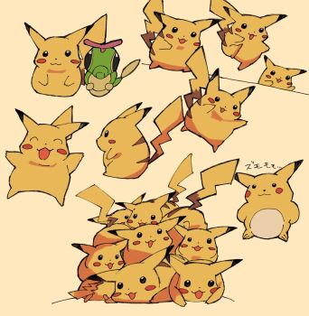 :3 black_eyes caterpie closed_eyes closed_mouth commentary_request fat_pikachu from_side full_body gen_1_pokemon highres jumping lying multiple_views nintendo no_humans on_stomach open_mouth pikachu pokemon pokemon_(creature) pokemon_focus profile simple_background tail yellow_background yellow_fur zuxu_zz